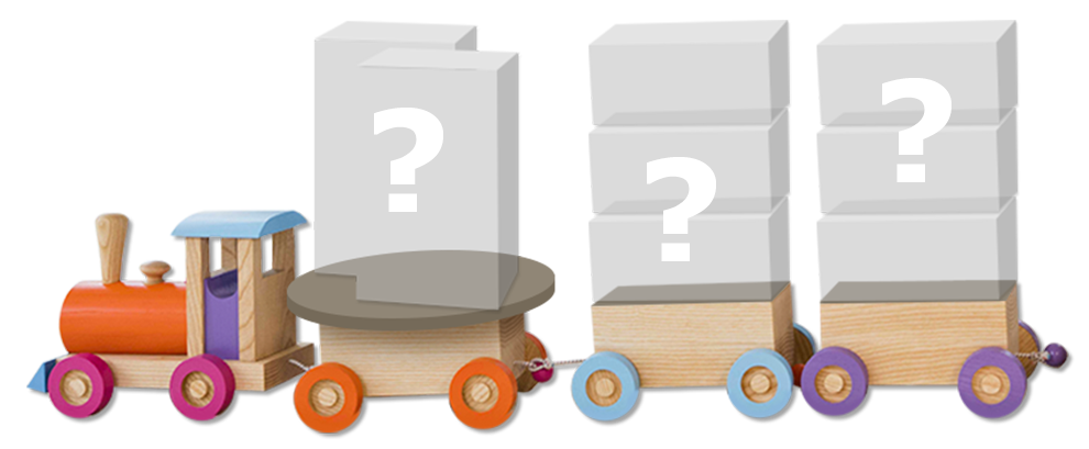 A toy train carrying three large boxes with question marks.