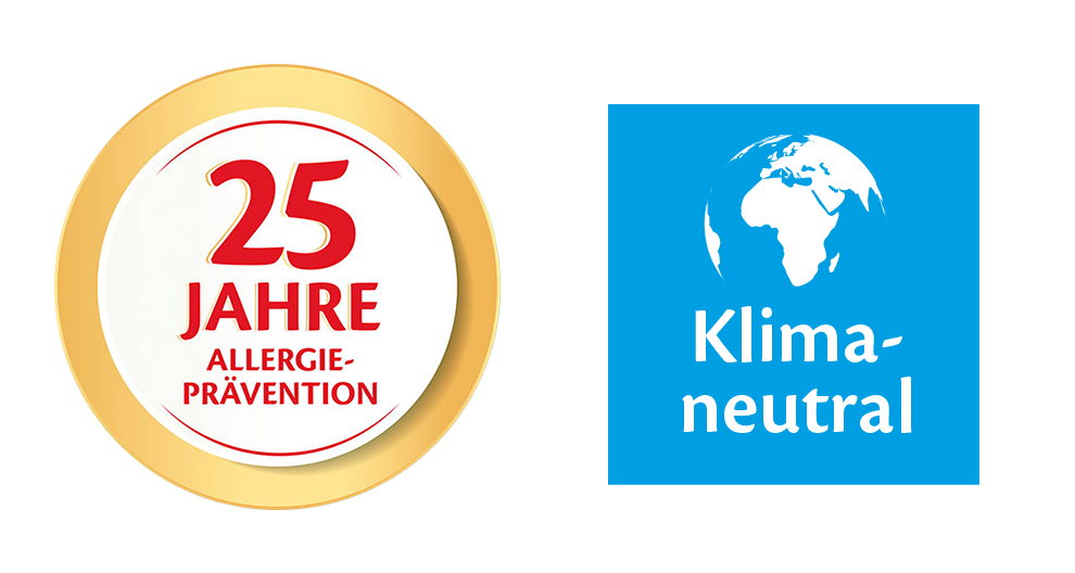 Two distinct logos are presented: one with a golden border and the number 25, indicating 25 years of allergy prevention, and the other with a blue background featuring a stylized globe and the words "Klima-neutral," suggesting a climate-neutral initiative.