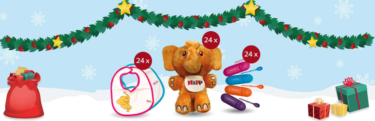 Een feestelijke setting met een rode zak, een wit slabbetje met een olifantenillustratie, een pluchen speelgoedolifant met de tekst "HiP" en een set van vier babyspulletjes.