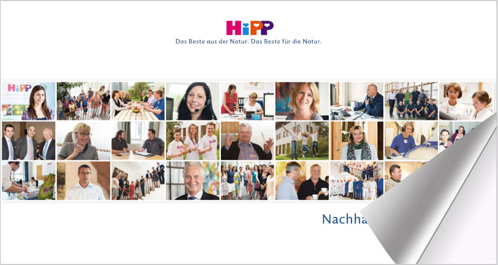 Een collage van mensen in verschillende omgevingen, met het logo en de tekst "HiPP" bovenaan.