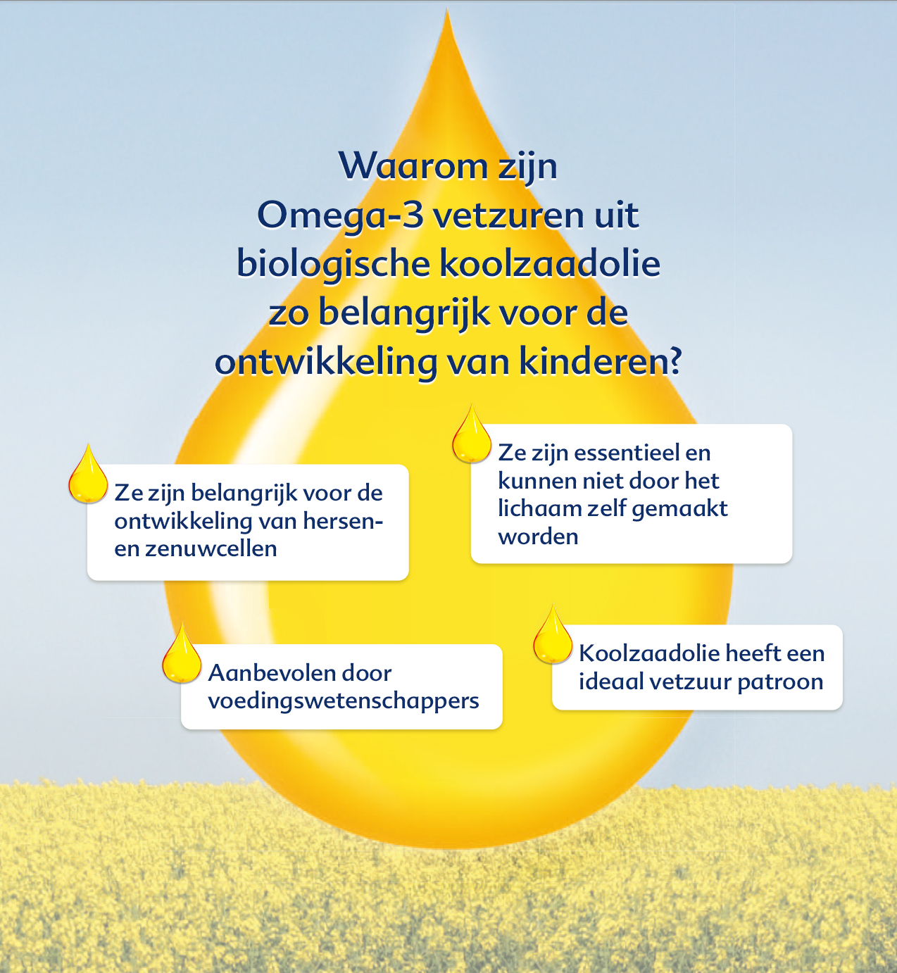 Een grote druppel olie met vier witte tekstballonnen eromheen, elk met tekst in het Nederlands.