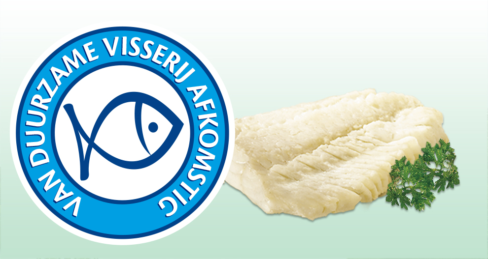Een blauw cirkelvormig logo met een vispictogram en tekst wordt afgewisseld met een witte visfilet en een takje peterselie.