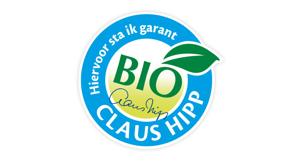 Een rond blauw en wit logo met het woord "BIO" in het midden, vergezeld van een groen blad en de tekst "Hier voor staik garant" en "CLAUS HIPP" rond de rand.