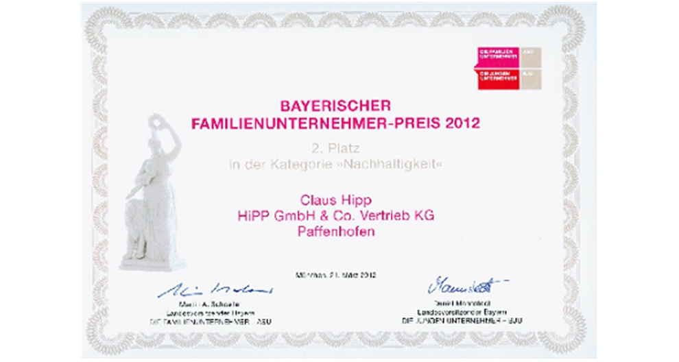 Een certificaat met tekst in het Duits, met vermelding van een prijs voor de tweede plaats in een categorie genaamd "Nachhaltigkeit" (Duurzaamheid) op de Bayerischer Familienunternehmer-Preis 2012, toegekend aan Claus Hipp van HiPP GmbH & Co. Vertrieb KG in Paffenhofen, gedateerd 21 maart 2012, met handtekeningen onderaan.