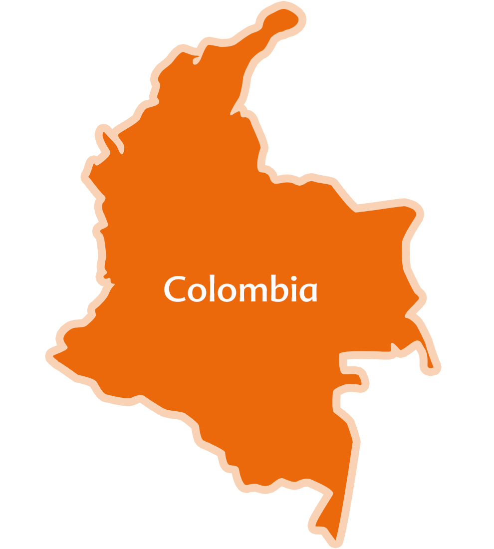 Een kaart van Colombia met de naam van het land prominent in het midden.