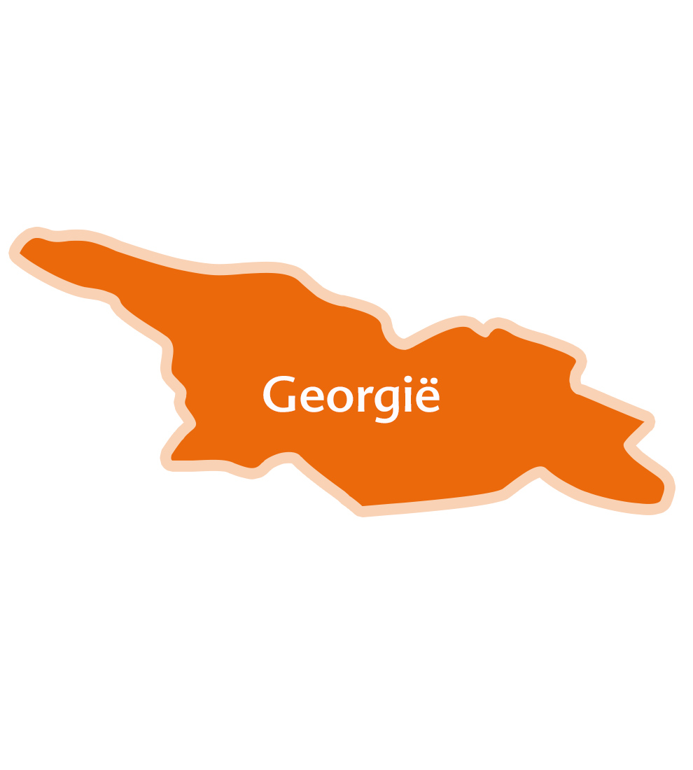 Een vereenvoudigde kaart van Georgië met de naam van het land in het midden.