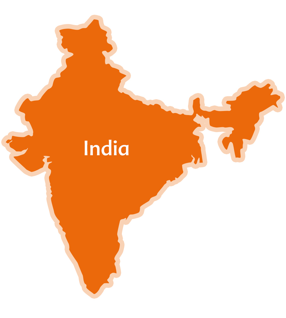 Een silhouetkaart van India met de naam van het land in het midden.