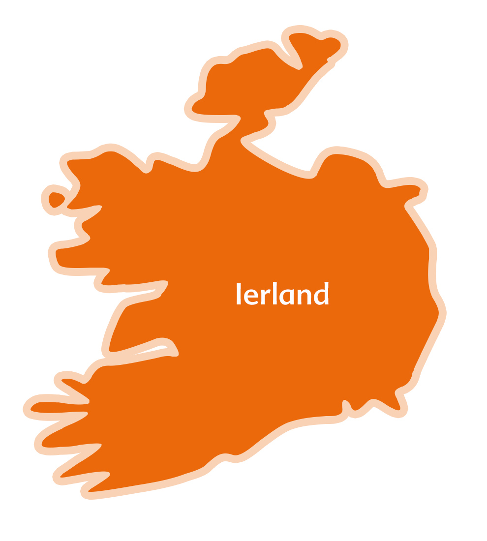 Een vereenvoudigde kaart van Ierland met het woord "Ireland" in het midden.