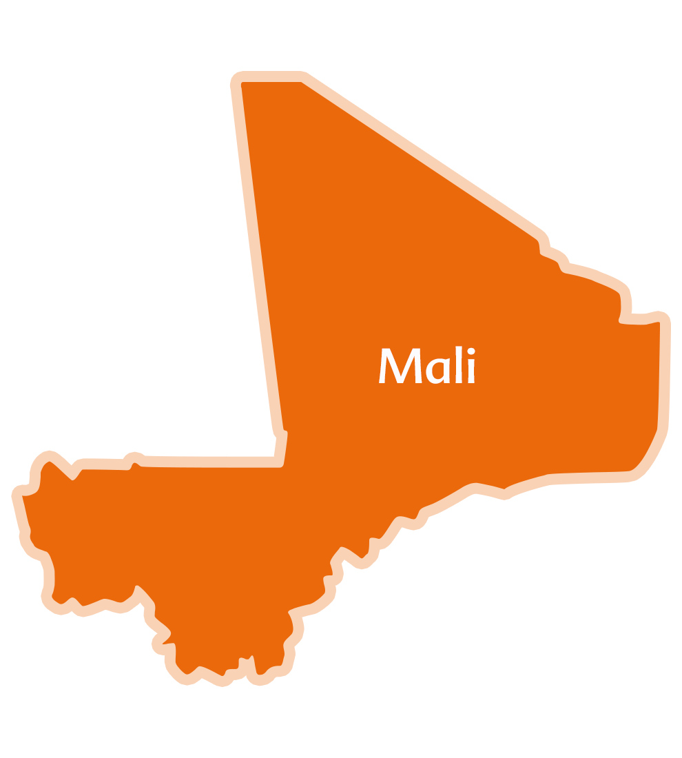 Een eenvoudige kaart van Mali, ingevuld met een effen kleur, met de naam van het land in het midden.