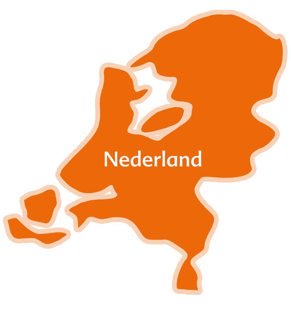 Een vereenvoudigde kaart van Nederland met de naam van het land erop geschreven.