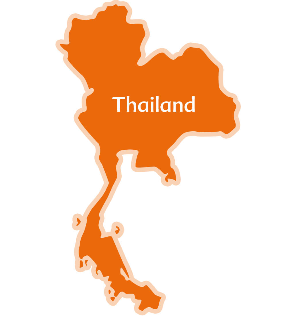 Een silhouetkaart van Thailand met de naam van het land in het midden.